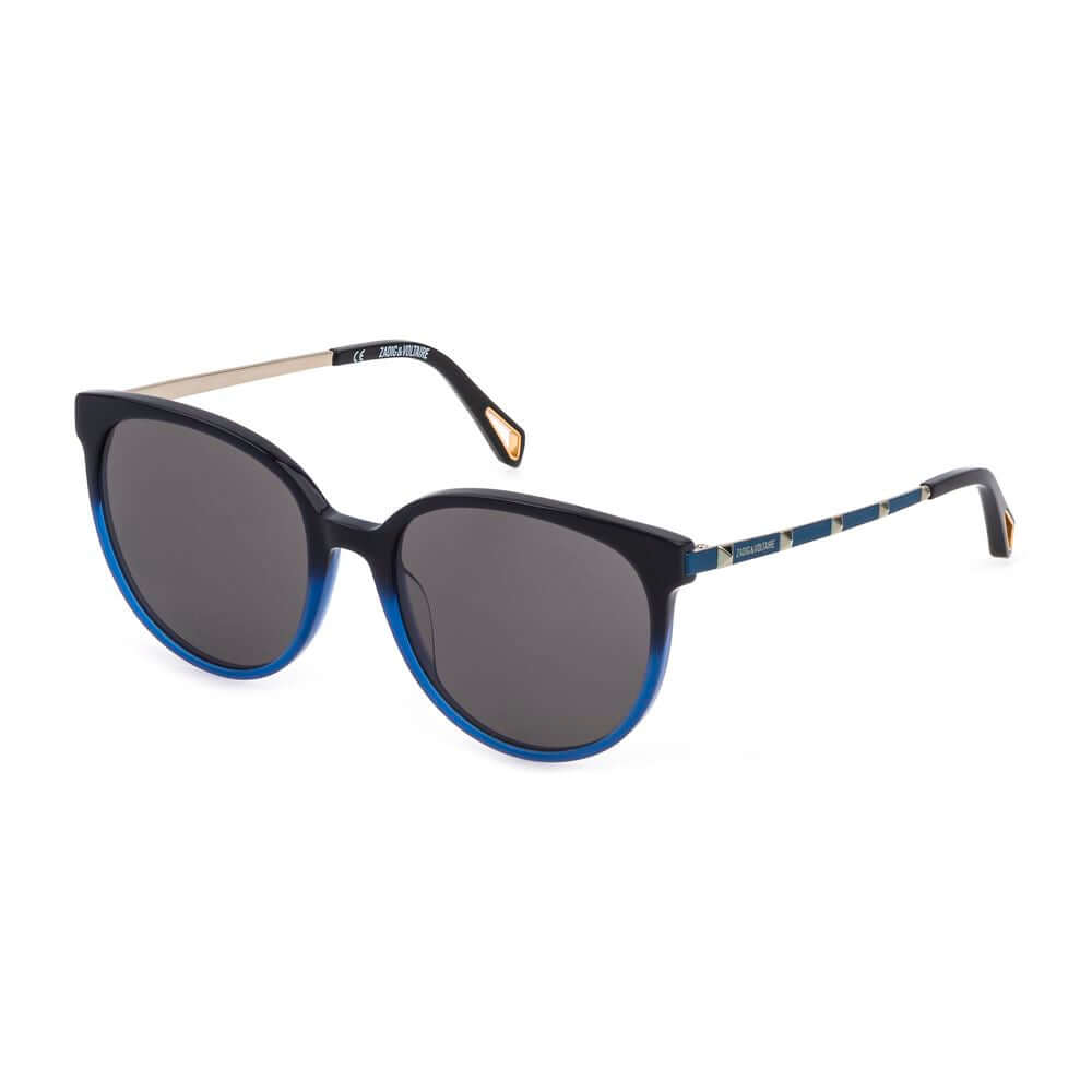 Zadig & Voltaire blue acetate sunglasses with grey lenses, model SZV307550D79, featuring a sleek design and metal-acetate frame.