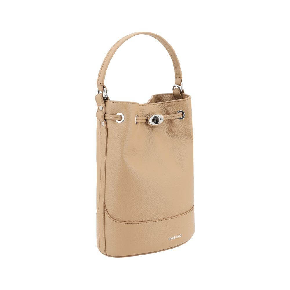 Zanellato Monda Bucket Bag in grained leather with drawstring closure, single handle, and monogram, beige color.