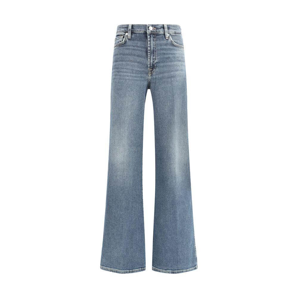 7FOR Lotta Bay wide-leg jeans with iconic leather patch and button closure, featuring a classic mid-rise fit and five-pocket style.