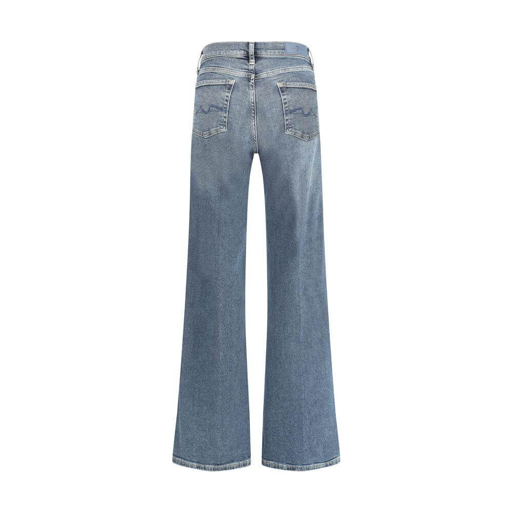 Back view of 7FOR Lotta Bay wide-leg jeans with iconic leather patch and five-pocket design.