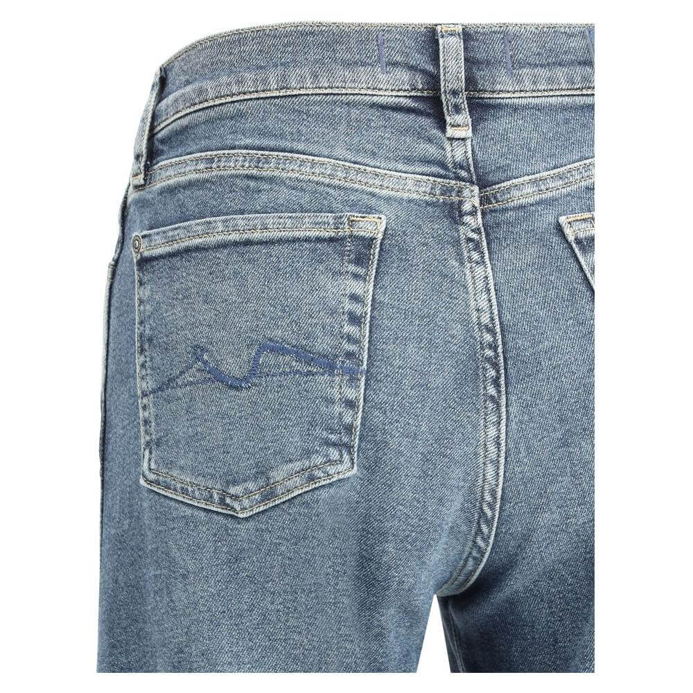Back view of 7For Lotta Bay wide-leg jeans featuring five-pocket design and iconic leather patch on mid-rise waist.