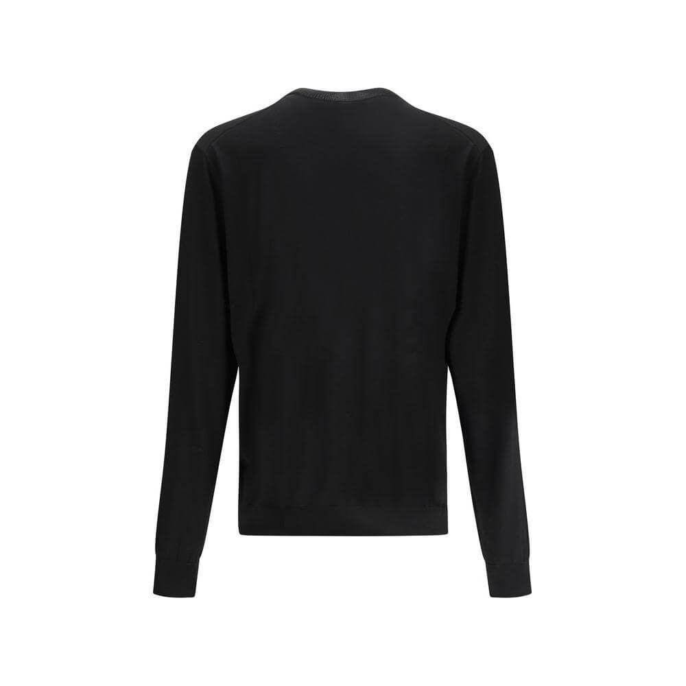 Back view of black Prada recycled silk sweater with ribbed crew neck, cuffs, and hem.