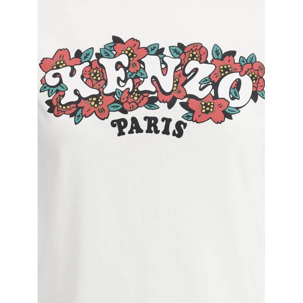 Kenzo cotton T-shirt with ribbed crew neck and floral logo print, featuring a monochrome pattern and regular fit by Kenzo Paris.