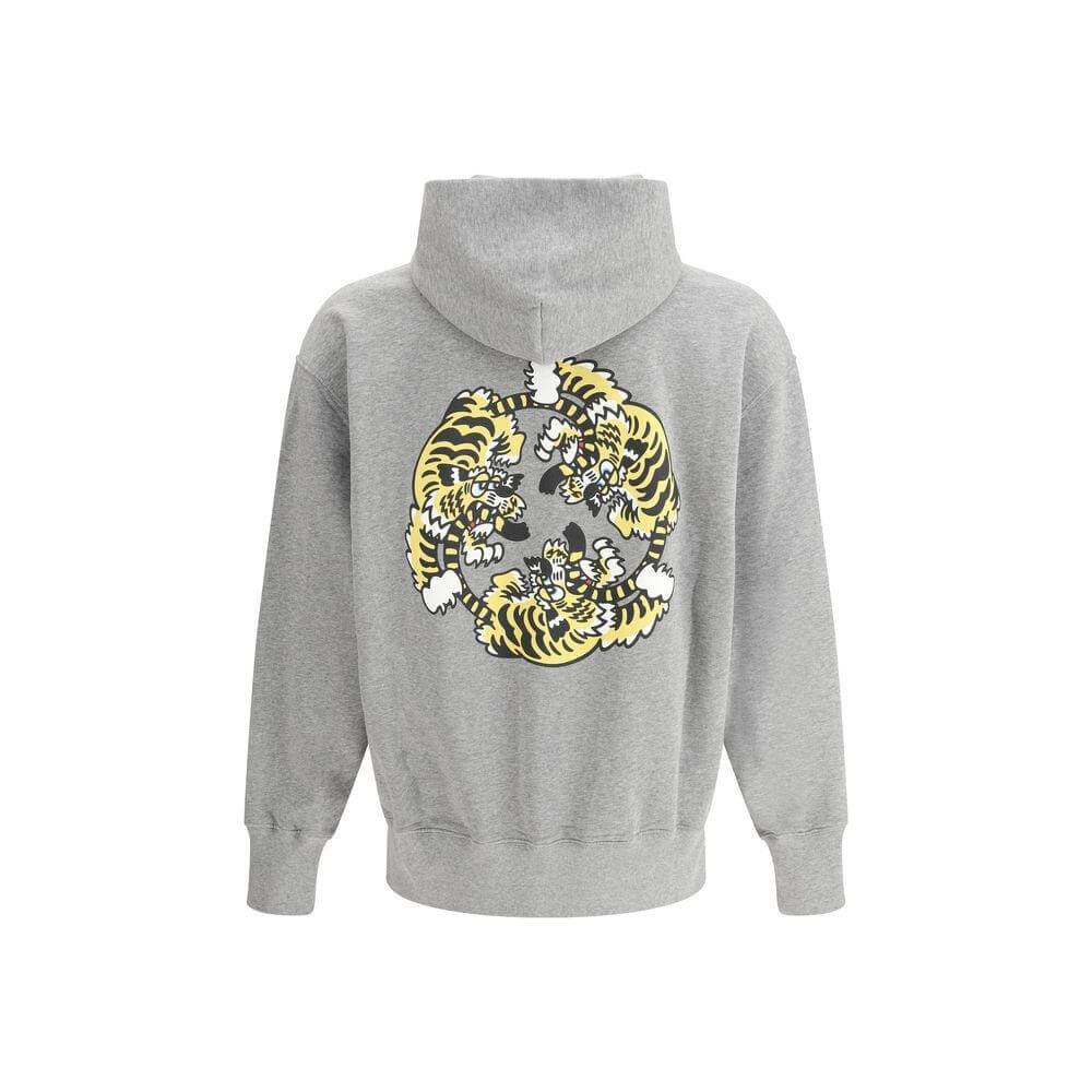 Back view of a gray Kenzo cotton hoodie showcasing a vibrant yellow tiger design, ribbed cuffs, and a comfortable regular fit.