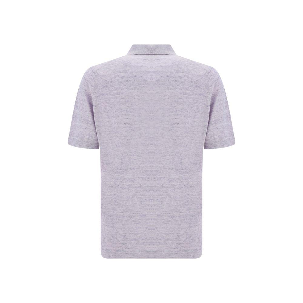 Brunello Cucinelli linen polo shirt with ribbed collar and tone-on-tone buttons, showcasing a mélange pattern for elegant style.