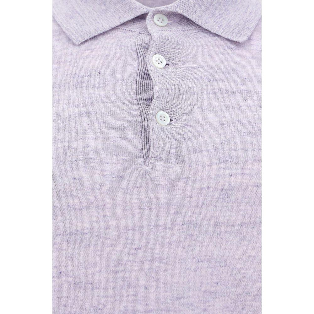 Brunello Cucinelli linen polo shirt with ribbed collar and tone-on-tone buttons, featuring a sophisticated mélange pattern.