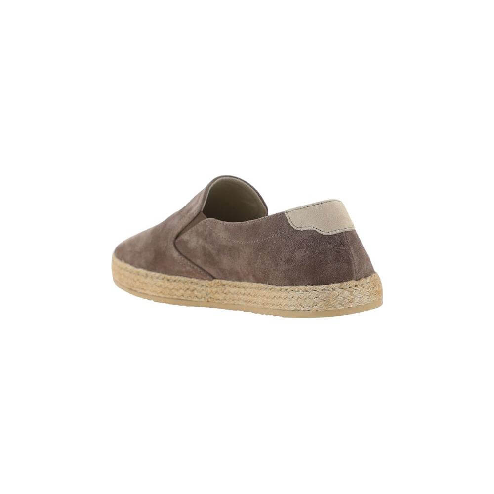 Brunello Cucinelli leather espadrilles with suede design, flat rope sole, contrasting heel, elongated toe, slip-on style.