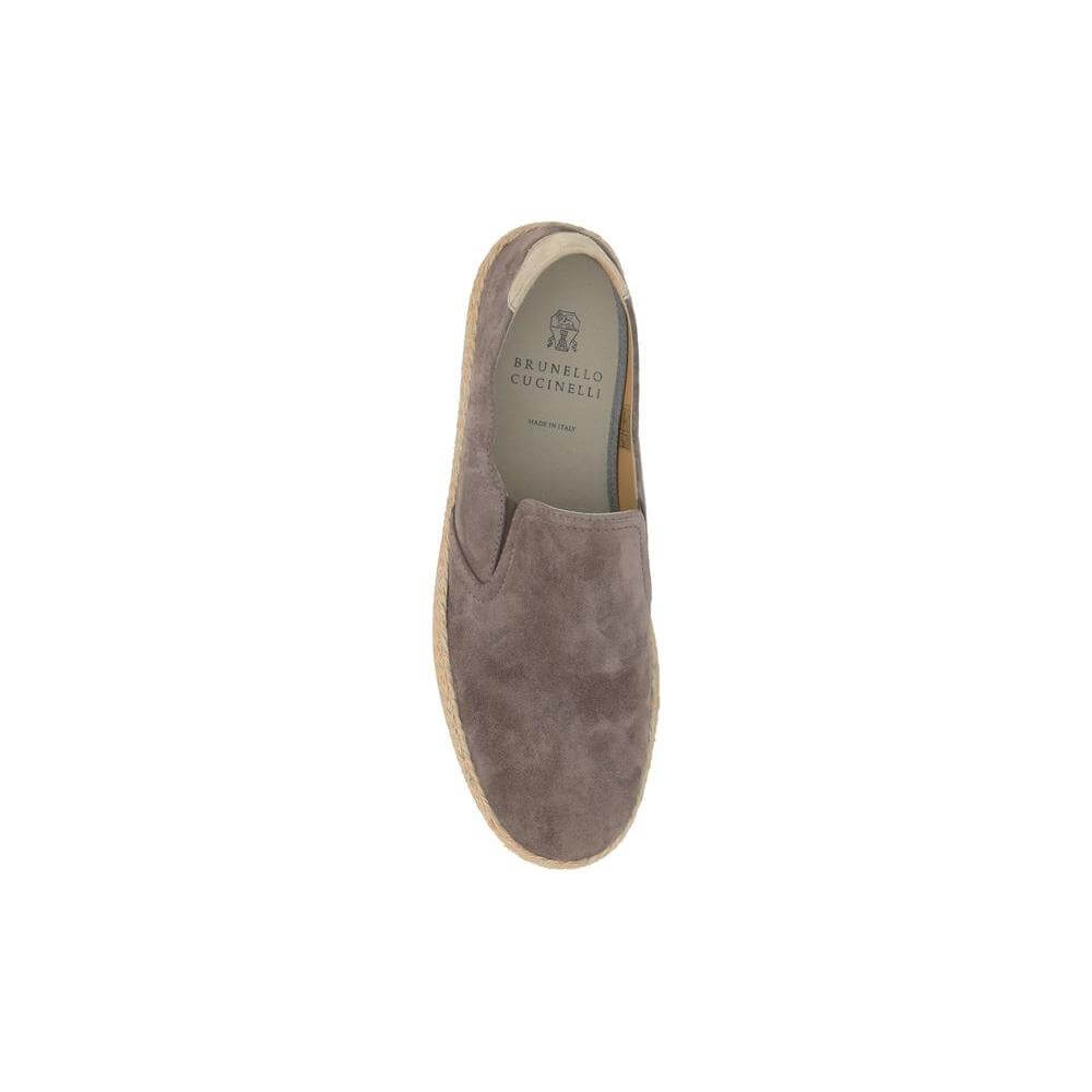 Brunello Cucinelli leather espadrilles with suede design and rope sole, featuring slip-on style and contrasting heel label.