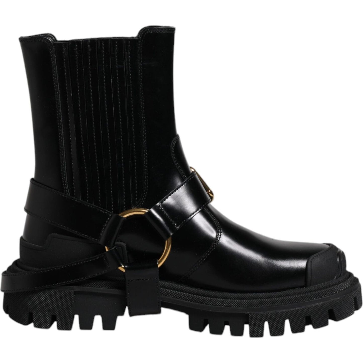 Dolce & Gabbana black leather mid-calf slip-on trekking boots with gold detailing and rubber sole, minor scratch on right shoe.