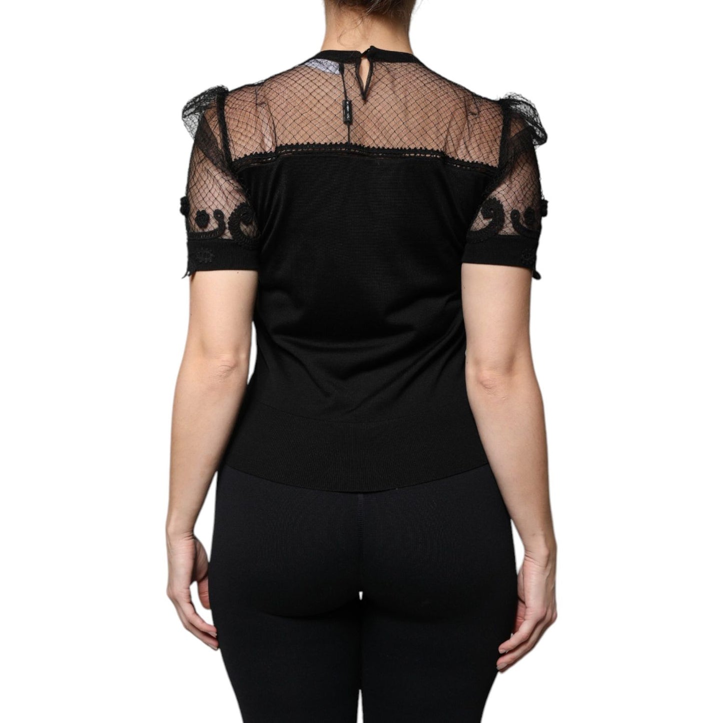 Dolce & Gabbana Black Floral Lace Short Sleeves Blouse Top
