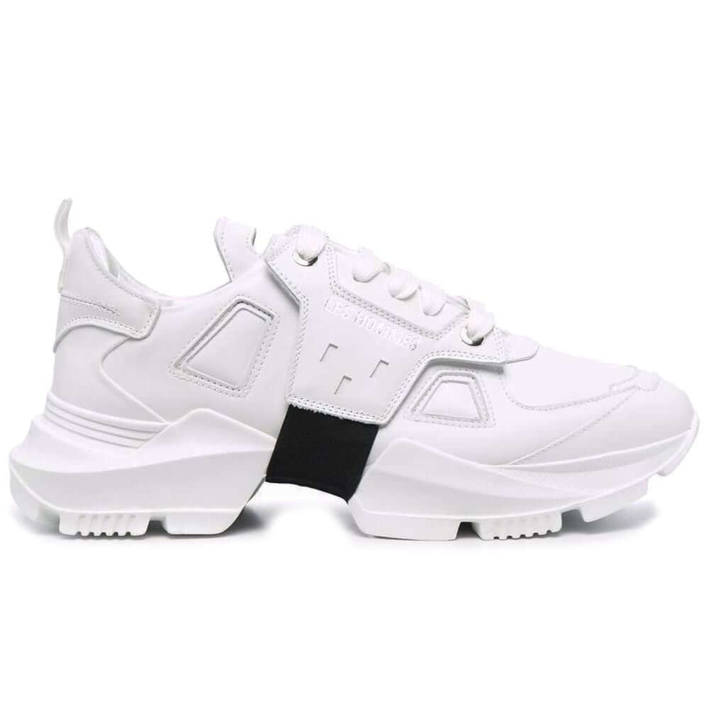 Les Hommes white calfskin men’s sneaker with black nylon band, modern luxury low-top trainers, Italian craftsmanship.
