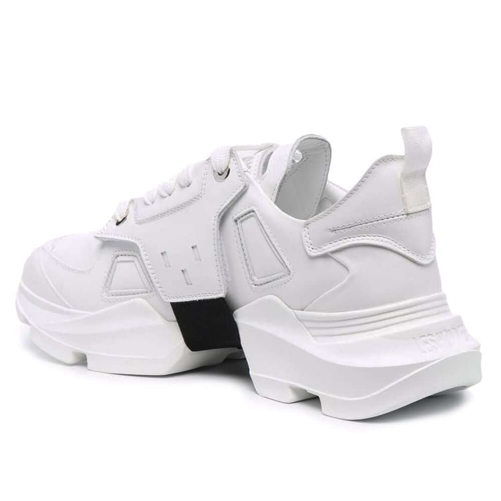Les Hommes white calfskin men's sneaker with black nylon band, showcasing modern Italian craftsmanship and luxury design.