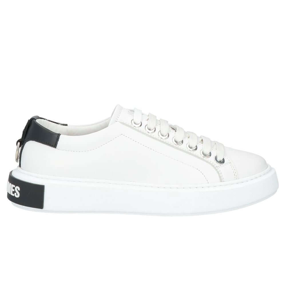 Les Hommes white calfskin men's sneaker with silver logo, black heel counter, decorative metal ring, and white rubber sole.