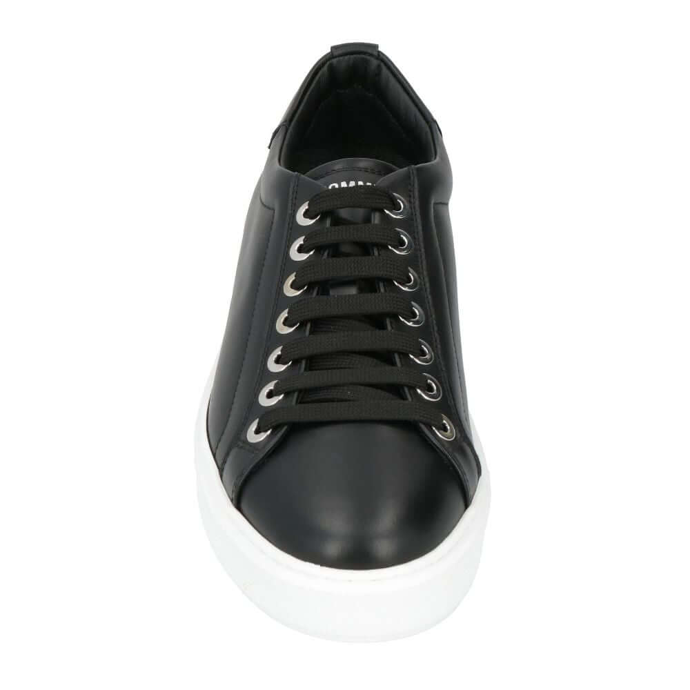 Les Hommes black calfskin men sneaker with white sole, silver logo on tongue, and decorative metal ring on heel.
