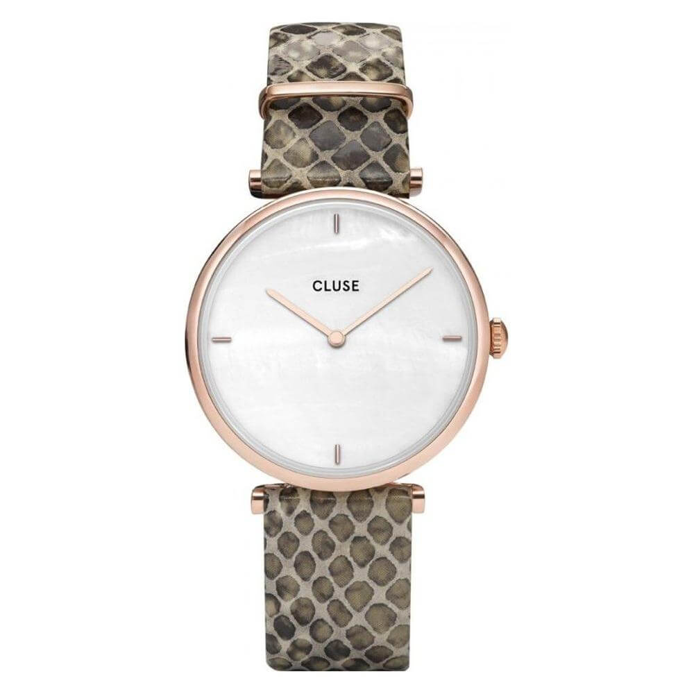 Cluse Beige Leather Watch with pink stainless steel case, white dial, and analog display. Features mineral glass and buckle closure, 33mm diameter.