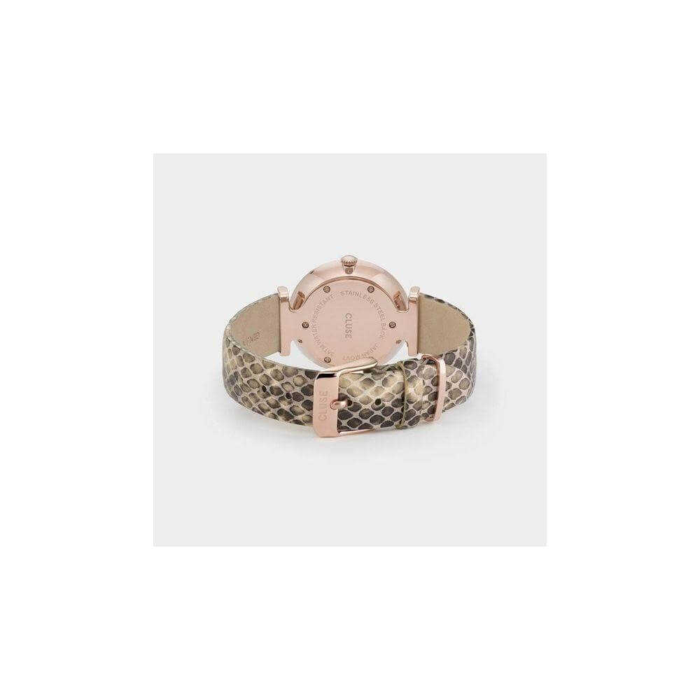 Back view of Cluse beige leather watch with pink stainless steel case and beige strap.