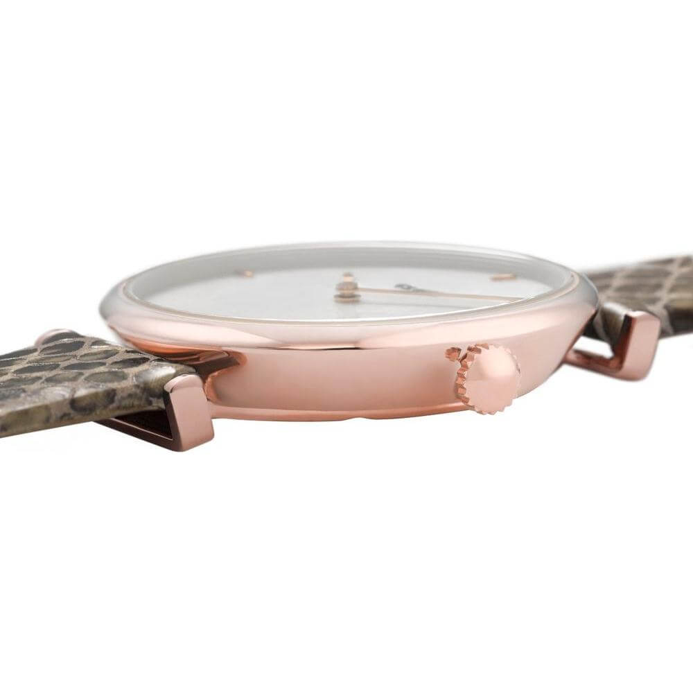 Side view of Cluse beige leather watch with pink stainless steel case and mineral glass, analog dial, and buckle closure.