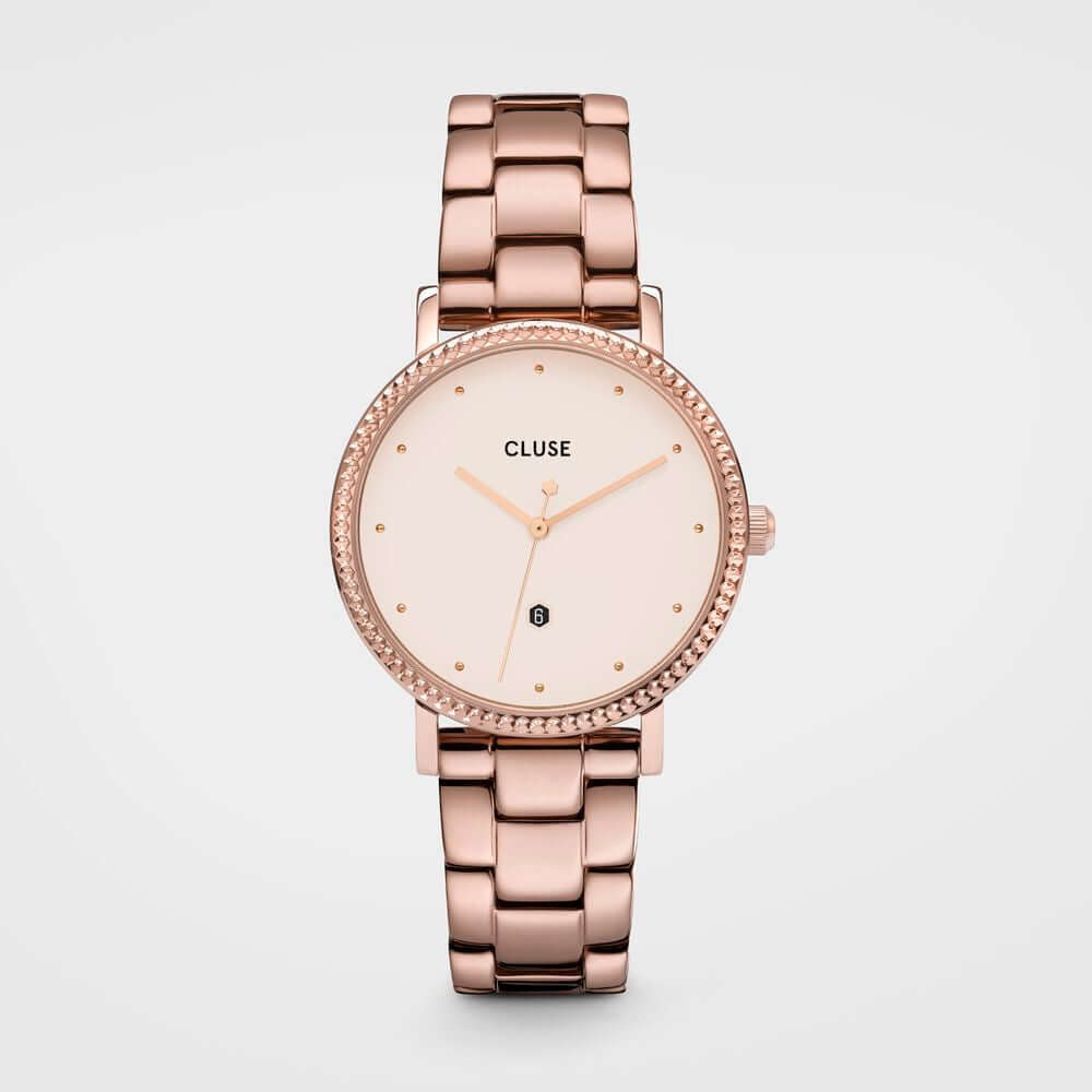 Cluse multicolor stainless steel watch with pink bracelet, white dial, analog quartz mechanism, and mineral glass.