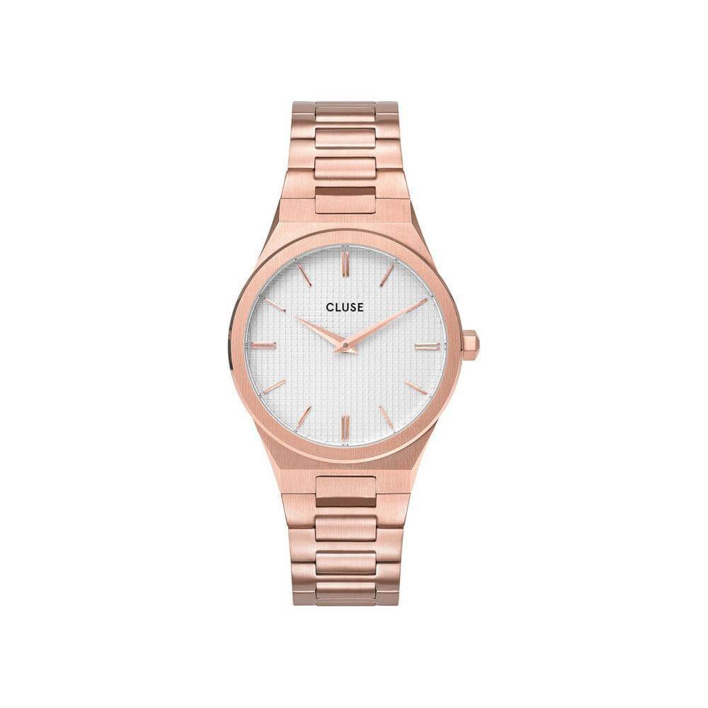 Cluse multicolor pink stainless steel watch, analog quartz, white dial, mineral glass, pressure closure, 33mm diameter, 3 ATM water-resistant.