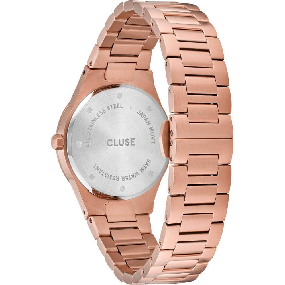 Cluse pink stainless steel watch with quartz mechanism and 3 ATM water resistance, featuring a 33mm case and a white analog dial.