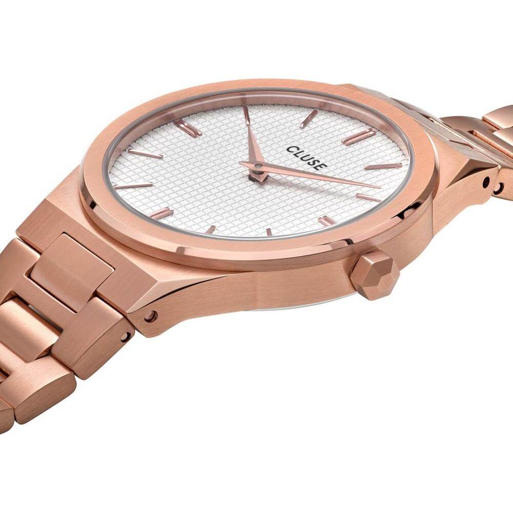 Cluse multicolor stainless steel quartz analog watch with pink case and bracelet, white dial, mineral glass, 33mm, 3 ATM water resistance