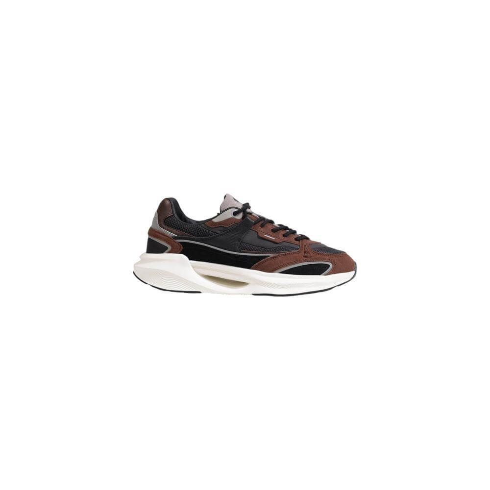 Men's brown and black sneaker with white sole, fall/winter collection, made of 100% fabric, side view.