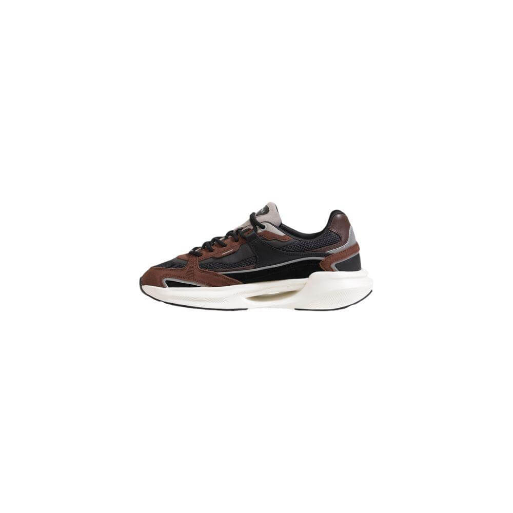 Brown and black men's fabric sneaker on a white background, ideal for fall/winter fashion, showing side profile.