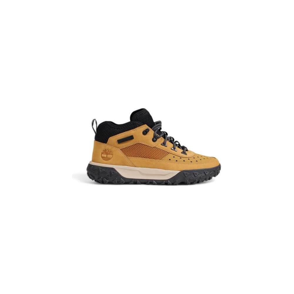 Timberland brown recycled leather sneaker, mid-cut design, eco-friendly with rubber sole, stylish men's footwear for sustainability.