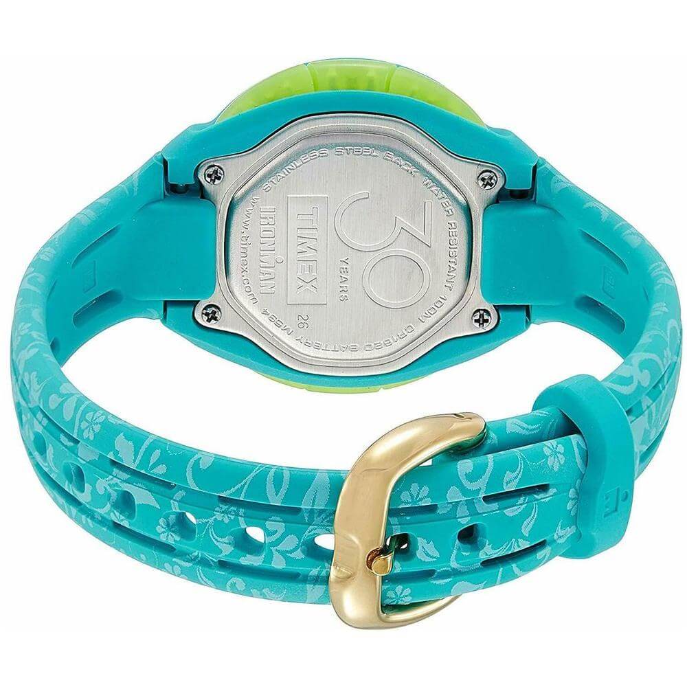 Back view of Timex Light Blue Synthetic Watch with floral silicone strap and buckle closure