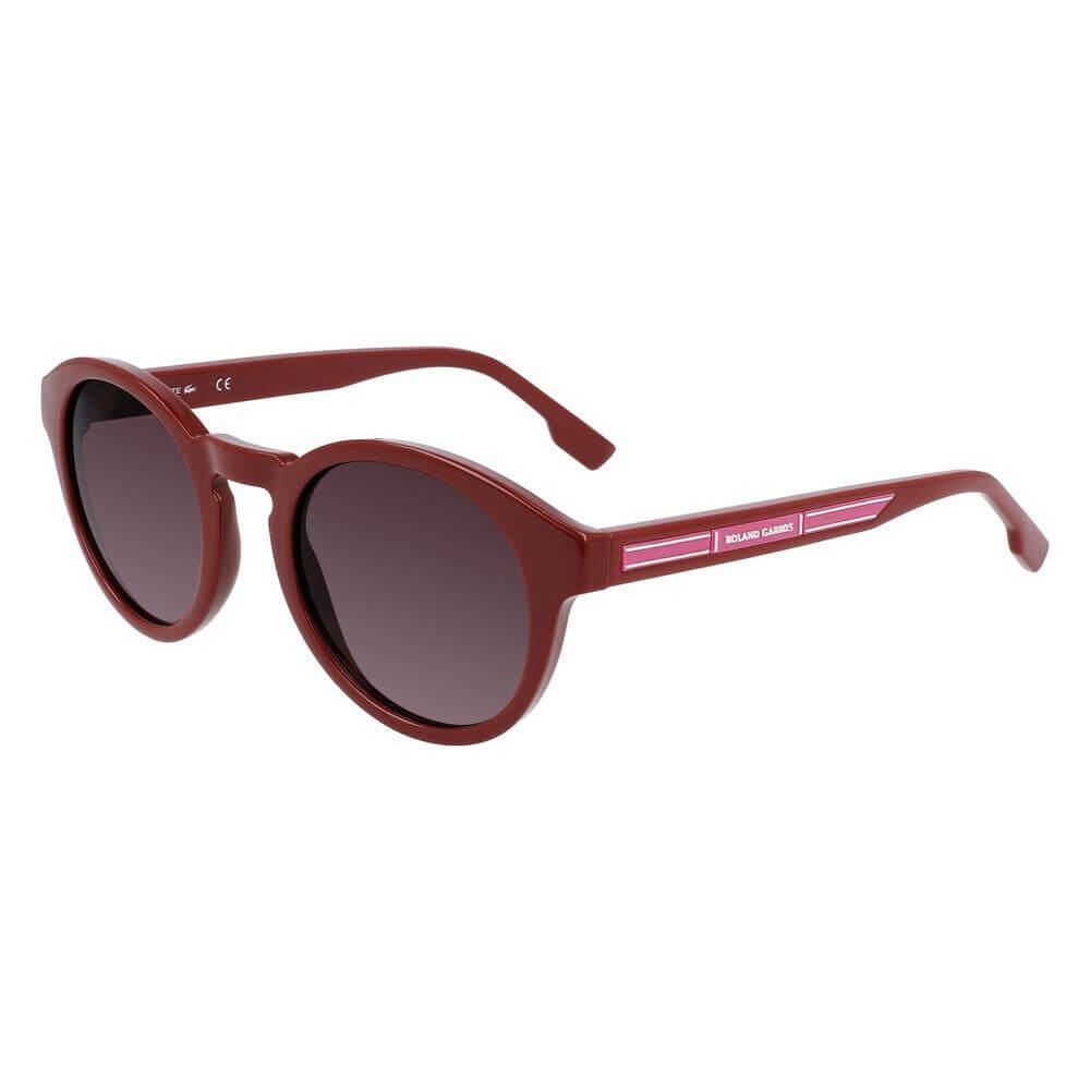 Lacoste women’s red injected sunglasses with 50/23/145mm dimensions, featuring a sleek round design, category 3 lenses.