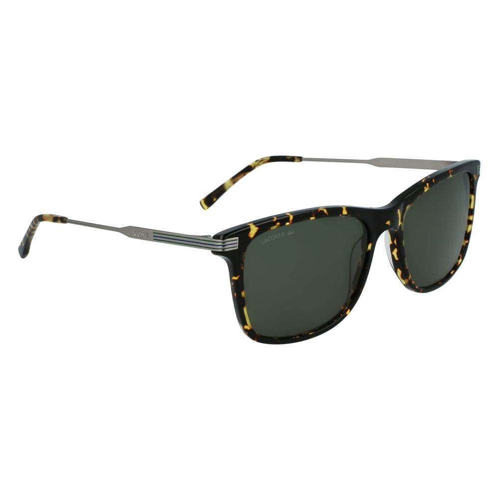 Lacoste brown metal sunglasses with tortoiseshell design and green lenses, model L960S-430, featuring 56/18/140mm dimensions.