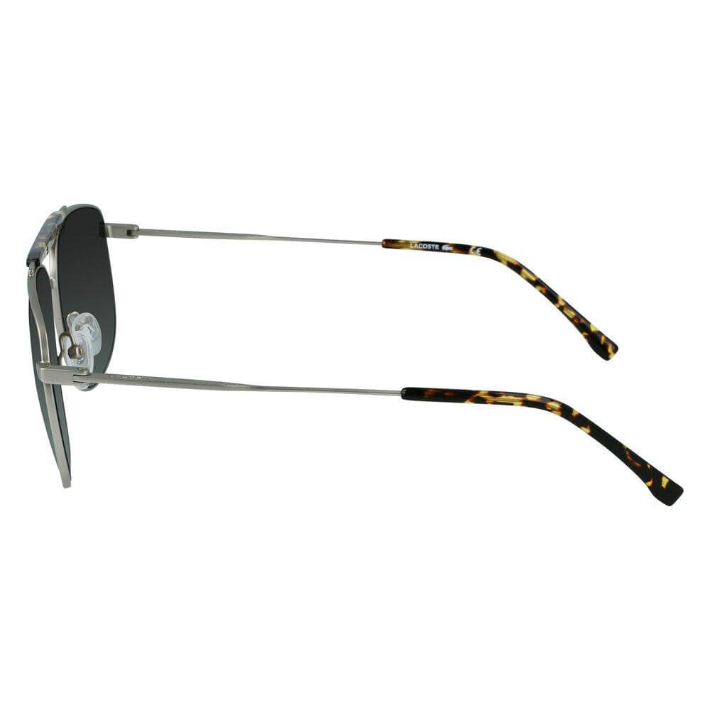 Lacoste gray metal sunglasses side view with tortoise shell temple tips, UV filter, model L246S-050, dimensions 59/15/145 mm.
