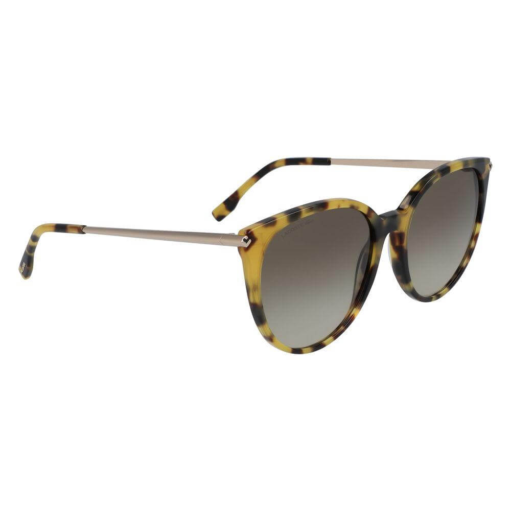 Lacoste Brown Havana Metal Sunglasses for Women with UV filter, L928S-214 model, featuring a 56/18/140 mm frame size.