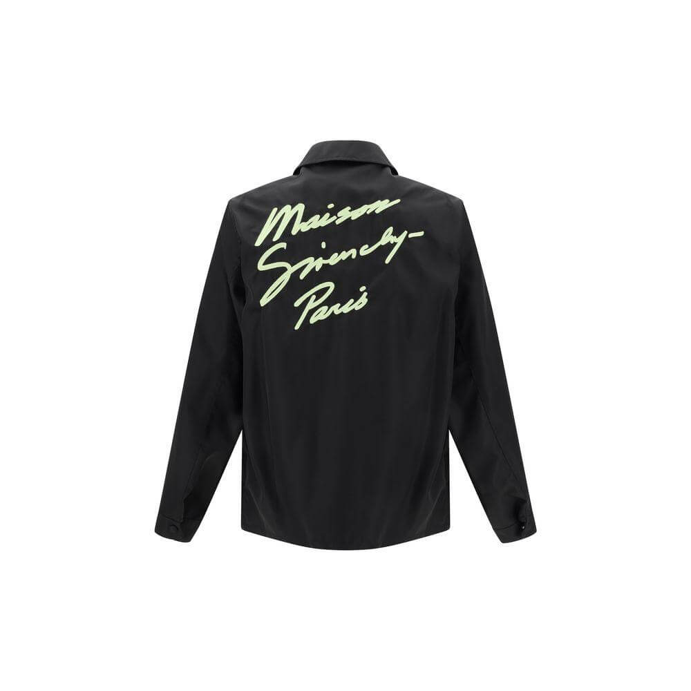 Givenchy oversized black shirt with classic collar, snap-button closure, and iconic monogram embroidery for a stylish, modern look.