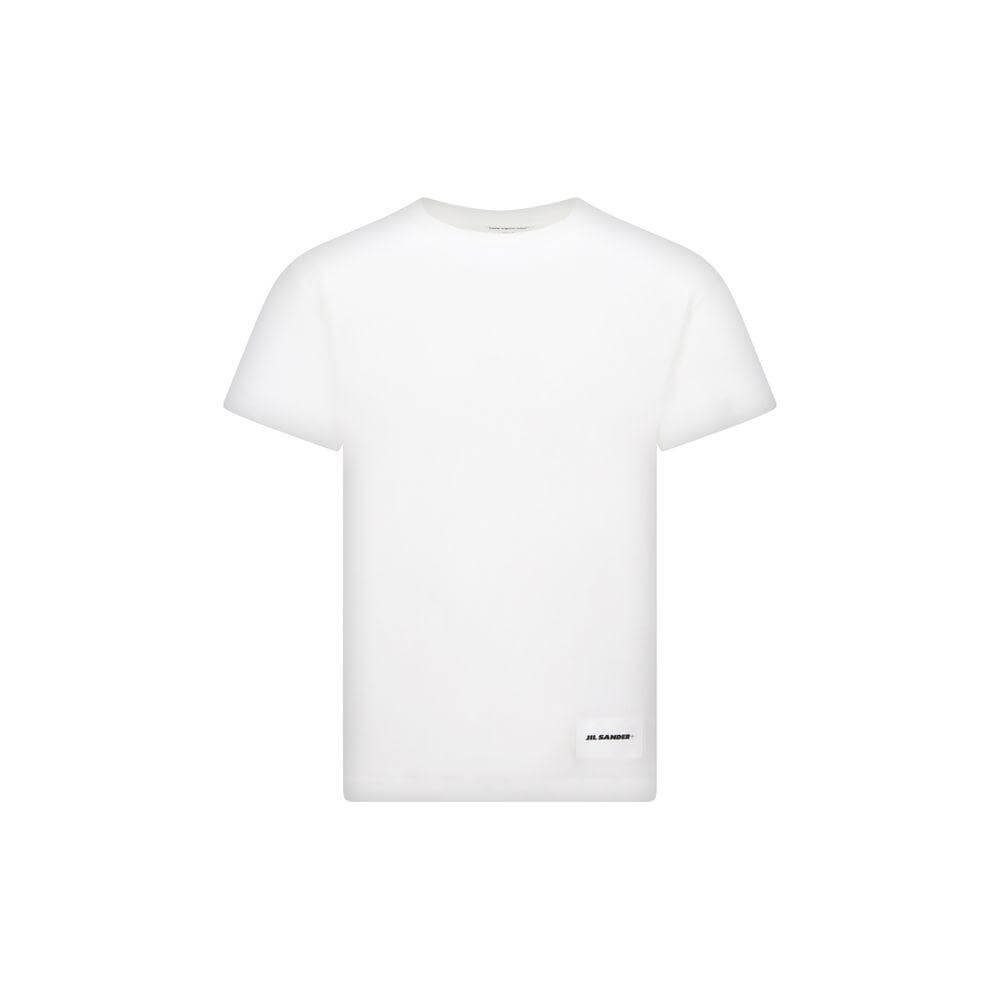 Jil Sander white cotton SS T-shirt with ribbed crew neck, monochrome design, and brand logo patch on front, set of 3.