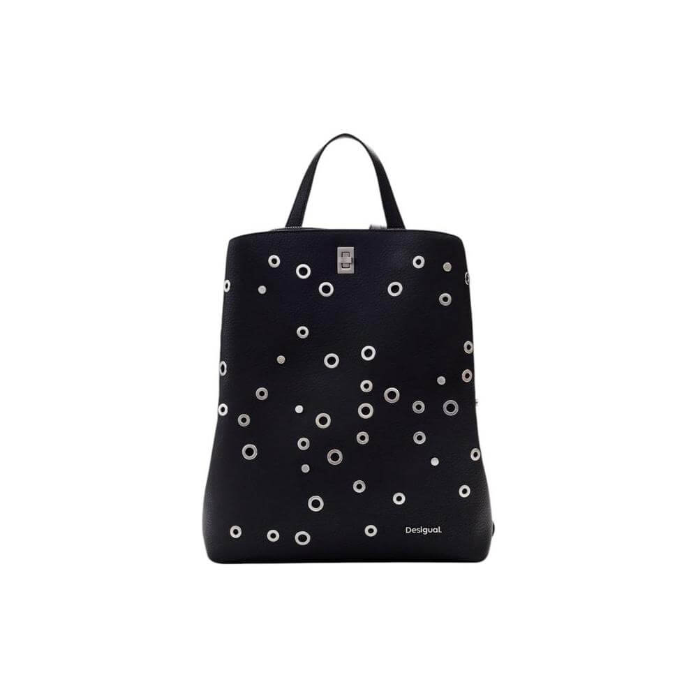 Desigual black backpack with circular patterns, perfect for women, made of polyurethane. Spring/Summer collection.