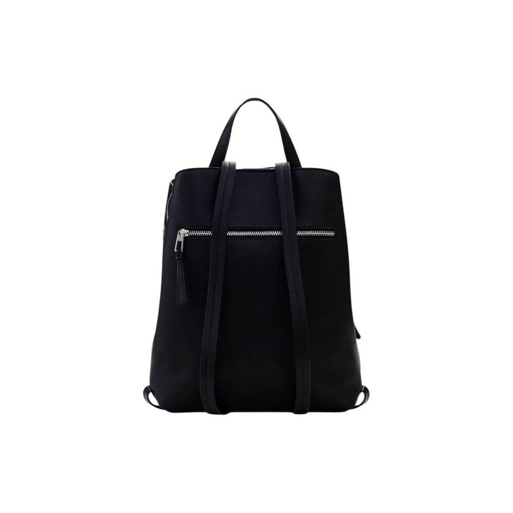 Alt Tag: Desigual black backpack for women, spring/summer collection, made of polyurethane, featuring front zipper and dual straps.