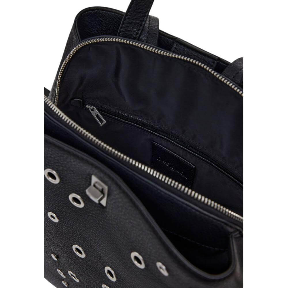 Interior view of Desigual Black Polyurethane Backpack with zipper and eyelet detail, part of the Spring/Summer Women's Collection.