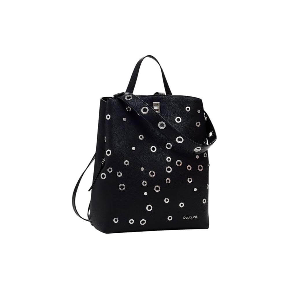 Desigual black polyethylene backpack with circular patterns, women's spring/summer collection, made of 100% polyurethane.