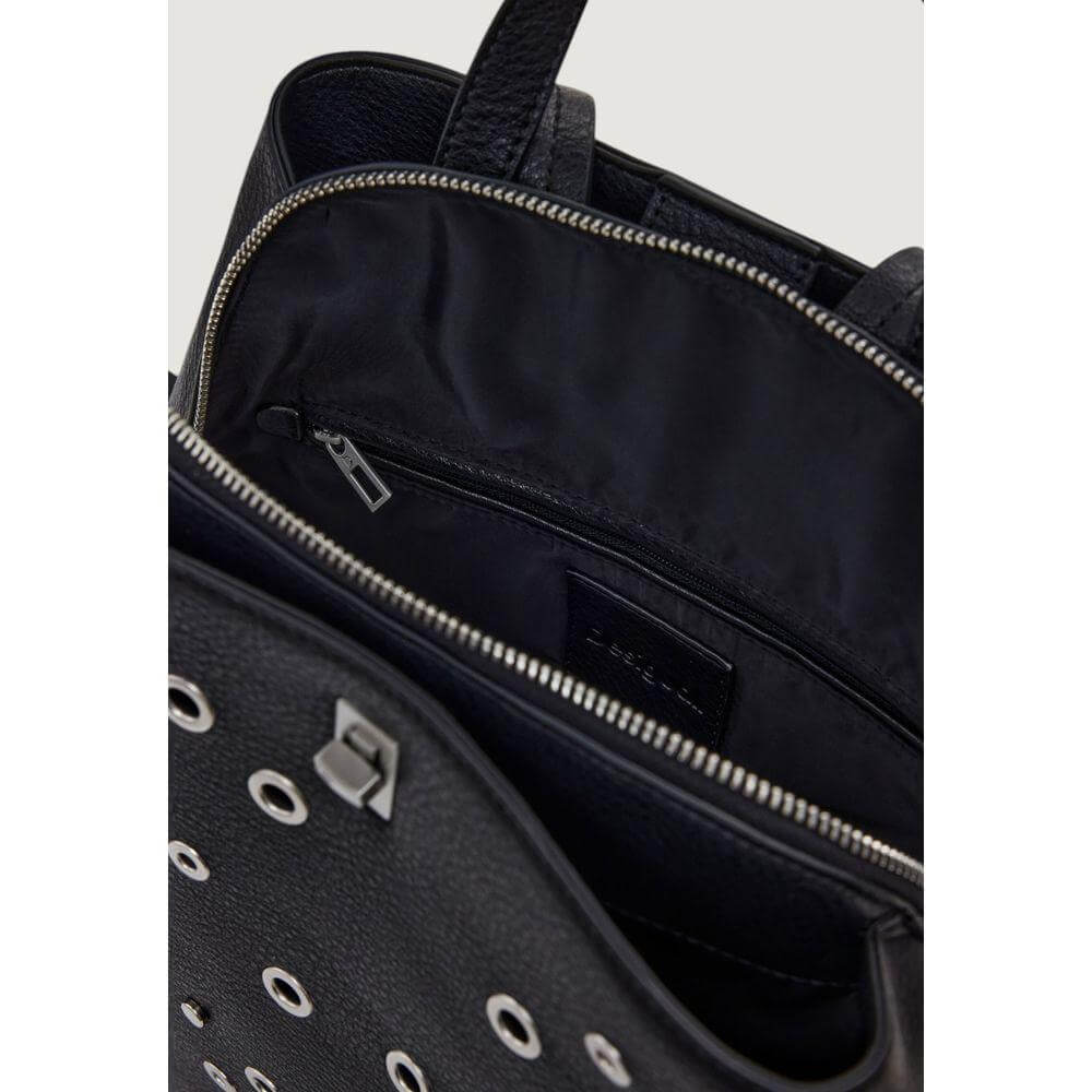 Interior view of Desigual black polyethylene women's backpack with zipper pocket and stylish eyelet design. Spring/Summer collection.