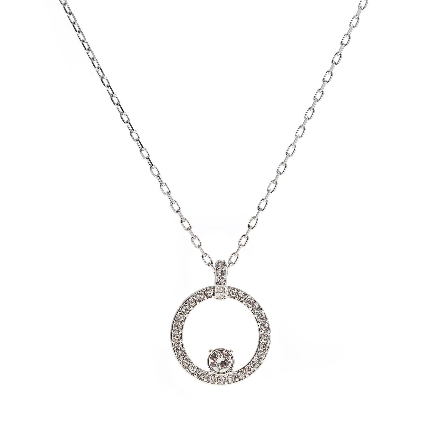 Alt Tag: Swarovski Mod. 5198686 silver necklace in official packaging with quartz analog movement, water-resistant to 3 ATM.