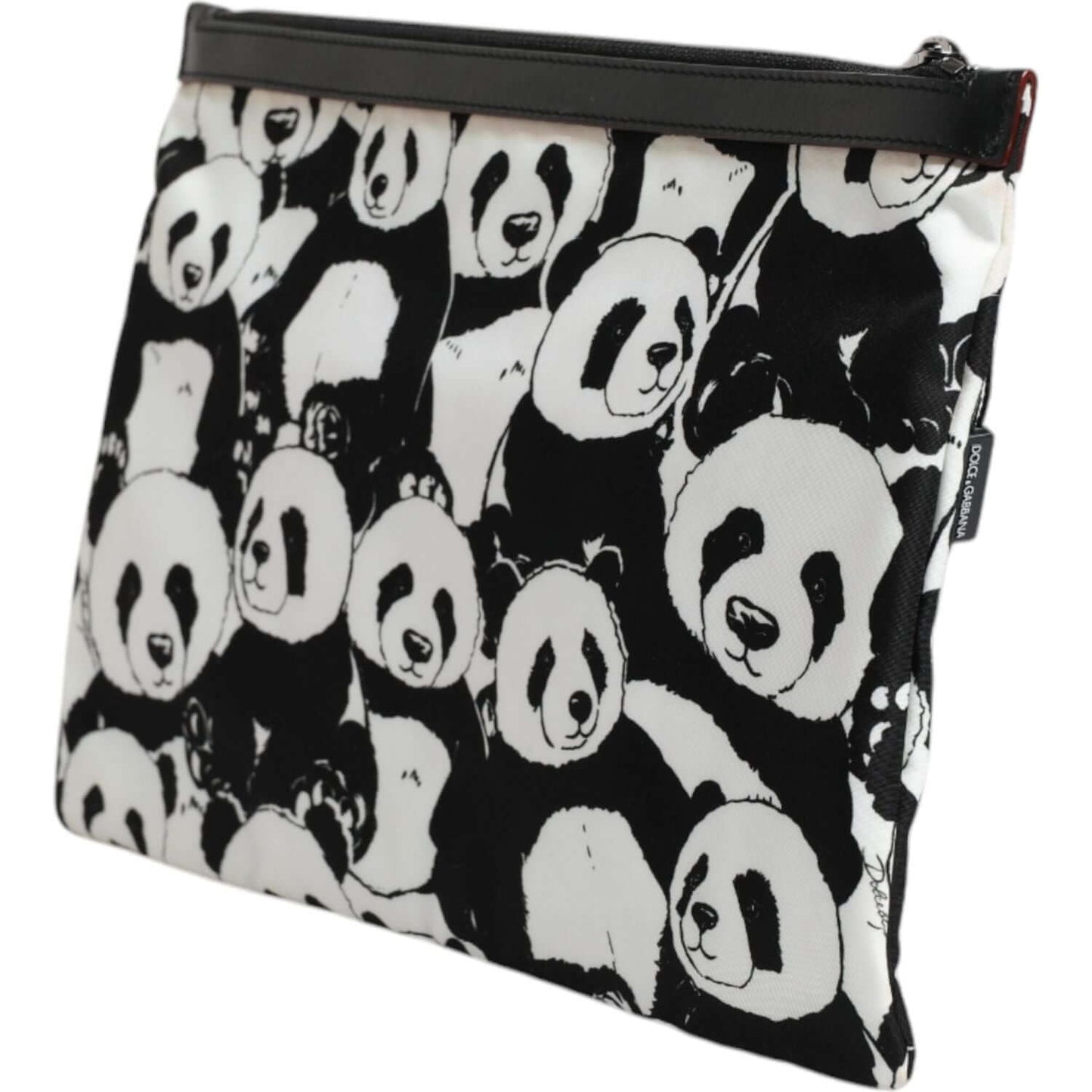 Dolce & Gabbana black and white clutch bag with panda pattern, top zip, gunmetal hardware, 31cm x 20cm, made from nylon.