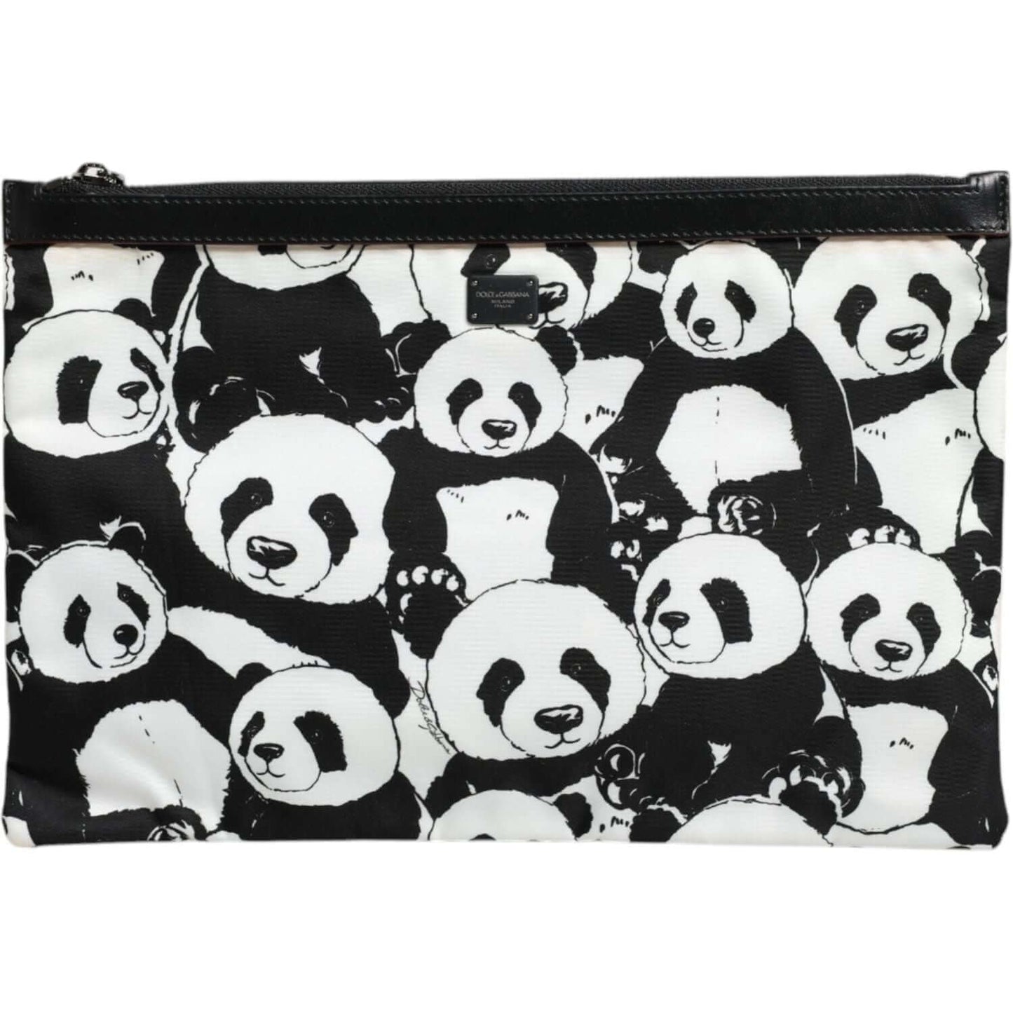 Dolce & Gabbana black and white panda pattern clutch bag with zipper, featuring gunmetal-tone hardware and logo engraved metal plate.