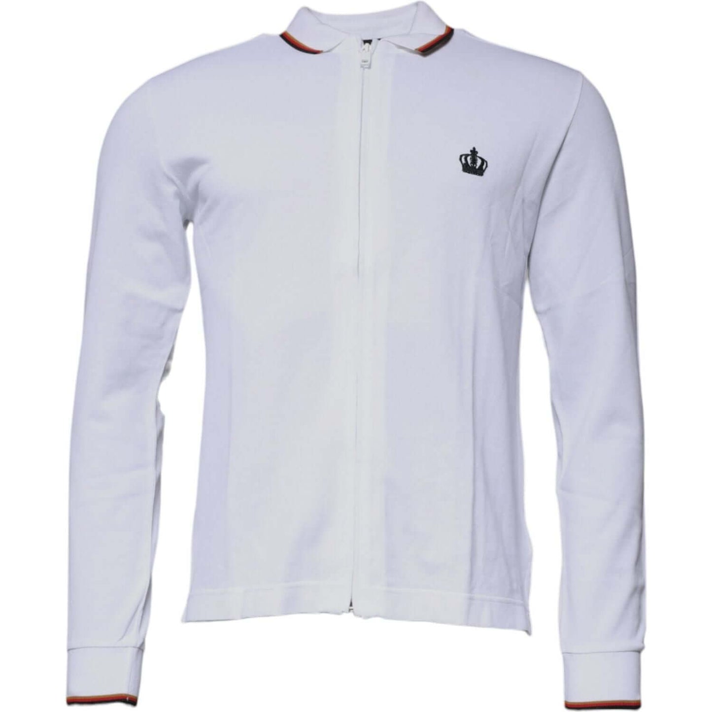 Dolce & Gabbana white full zip men's sweatshirt with crown logo, 95% cotton, 5% silk. Italian made, luxury and comfortable fit.