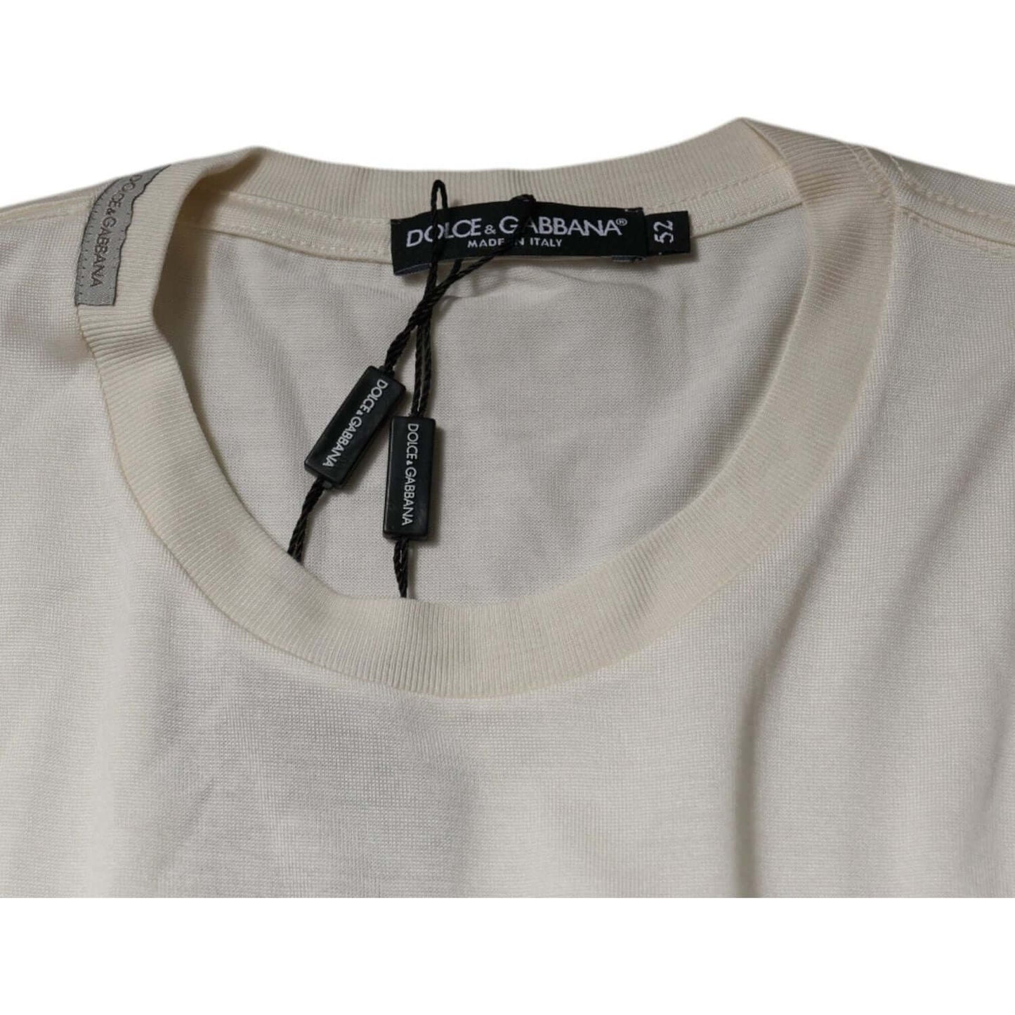 Dolce & Gabbana off white crew neck short sleeve t-shirt, silk cotton blend, regular fit, with logo details, made in Italy.