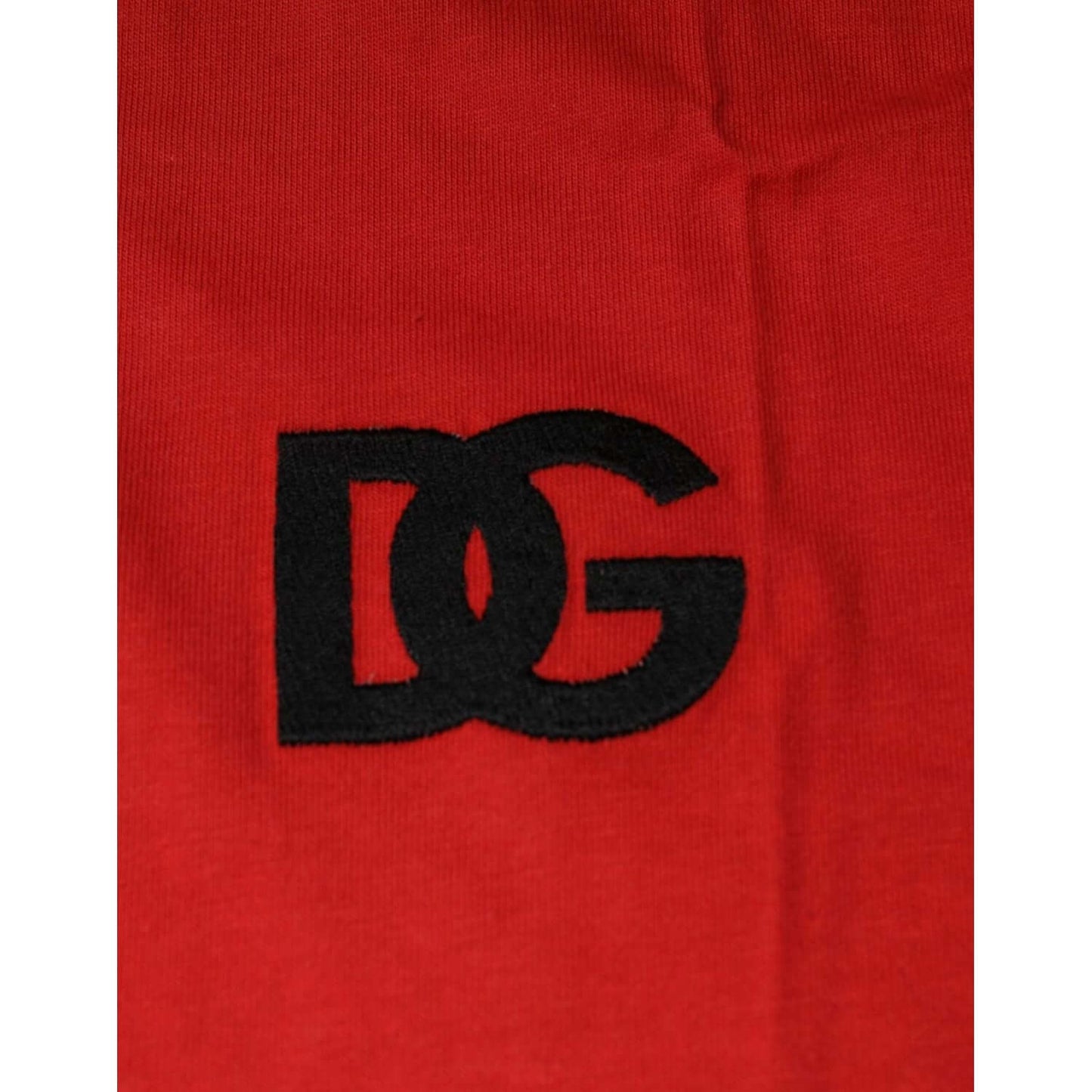 Close-up of Dolce & Gabbana Red Cotton T-shirt with Black DG Logo Embroidery
