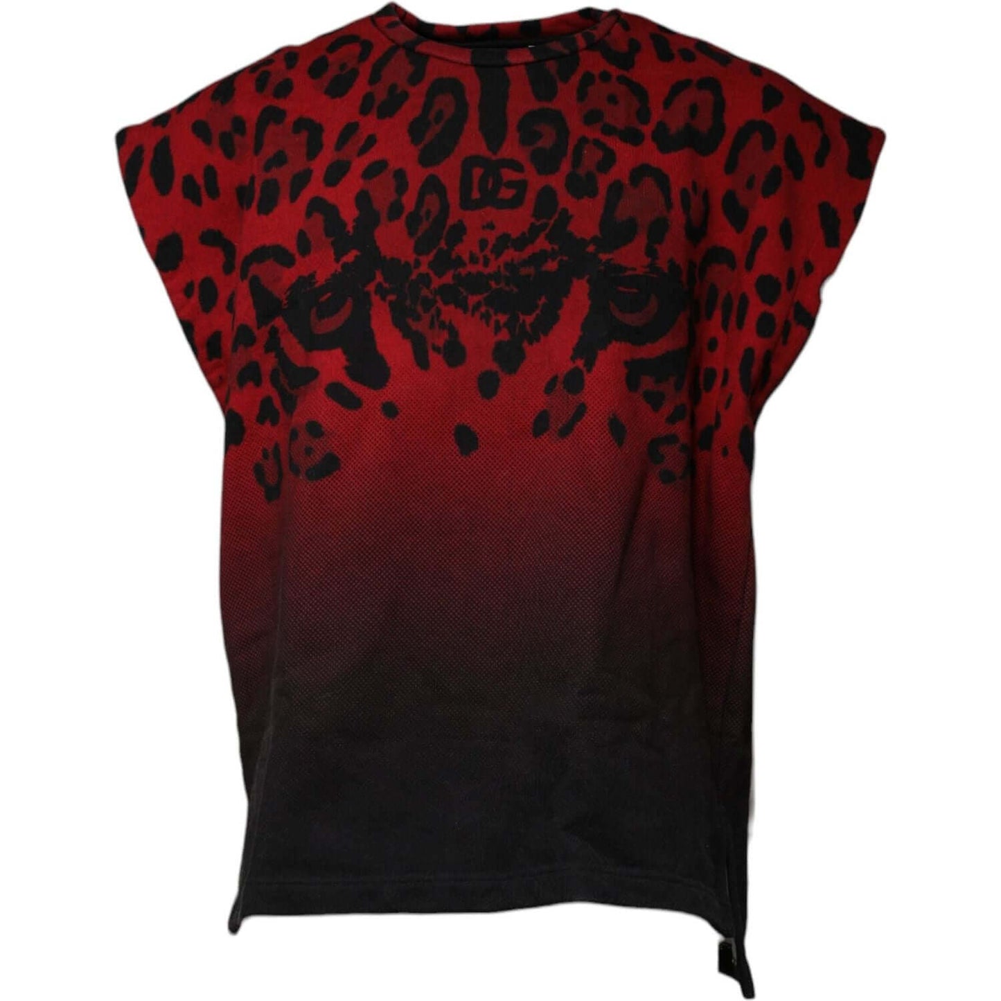 Dolce & Gabbana red leopard print cotton sleeveless T-shirt with round neck, featuring bold black leopard pattern. Made in Italy.