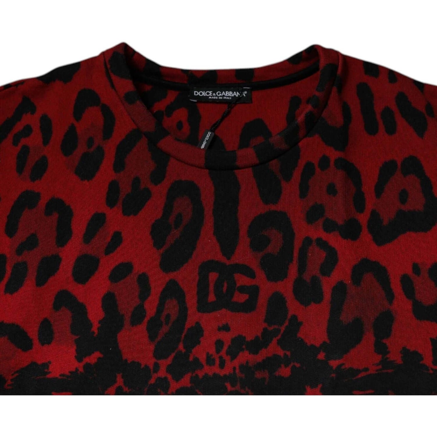 Dolce & Gabbana red and black leopard print sleeveless cotton t-shirt with round neck, featuring brand logo detail. Made in Italy.