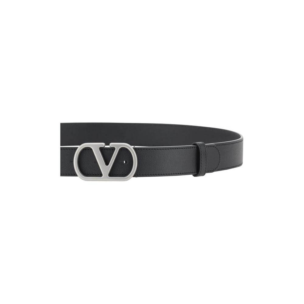 Valentino Garavani black leather belt with silver VLogo buckle, a stylish and sophisticated accessory for any outfit.