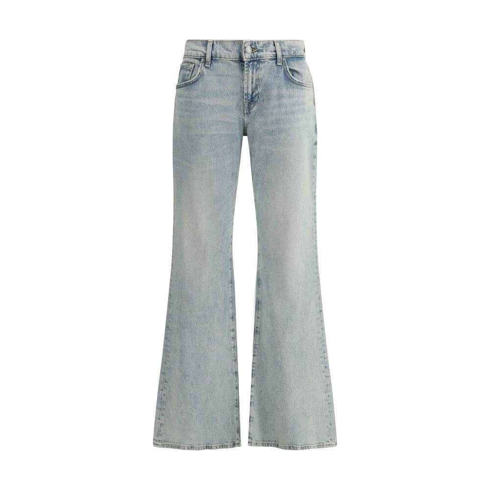 7FOR Spencer Flare Sahara Jeans, mid-rise waist, five-pocket style, button-zip closure, and signature leather patch on back.